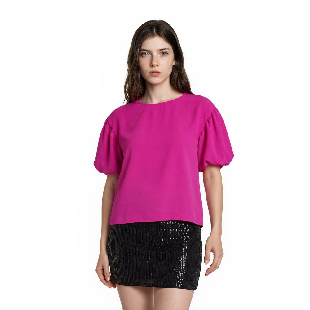 TCEC Blouse Top Women's Size Large Hot Pink Puff Sleeve Shirt